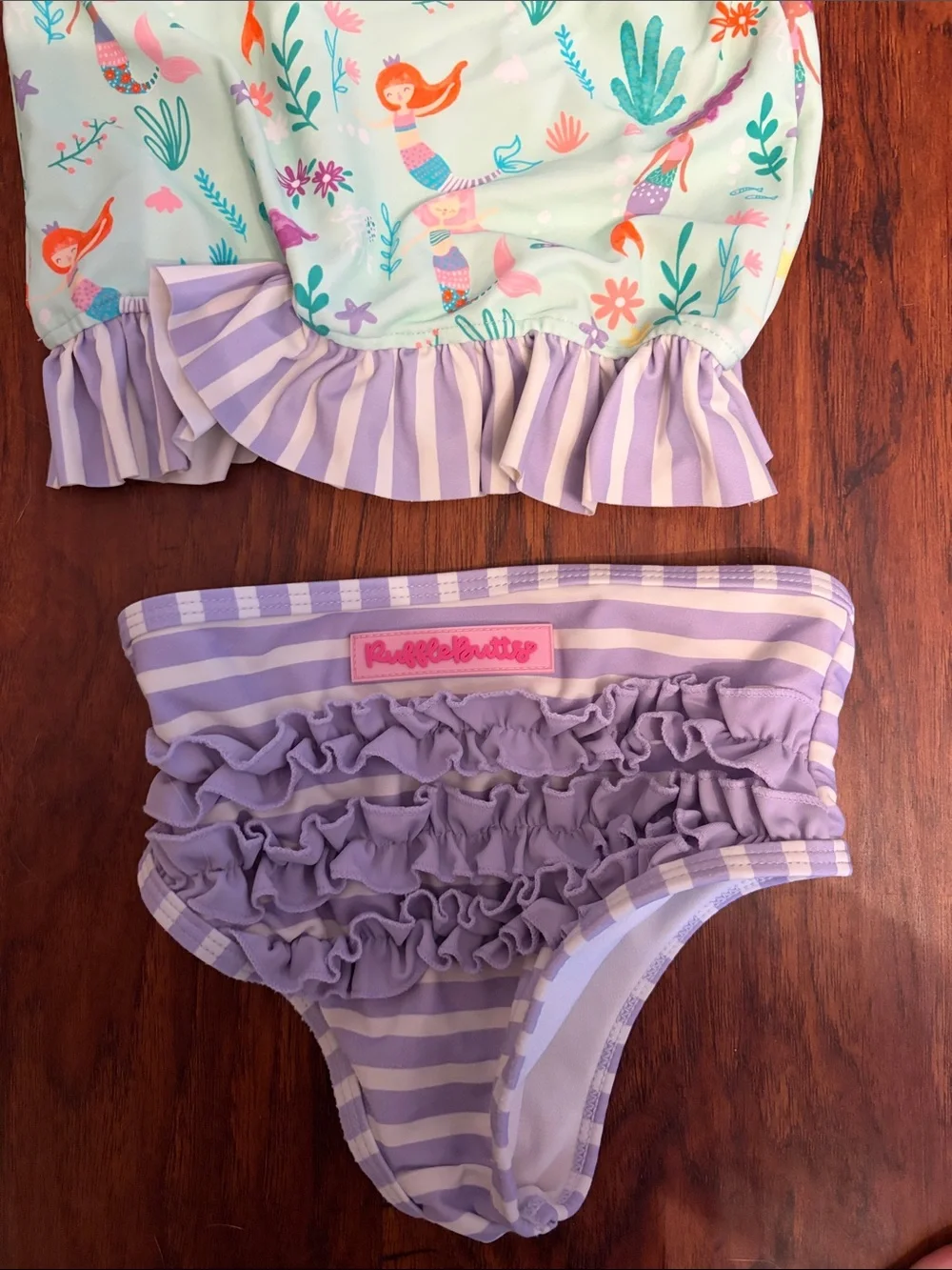 Ruffle Butts Mermaid Long-Sleeve Rash Guard Swim Set with Lavender Stripe Bottom